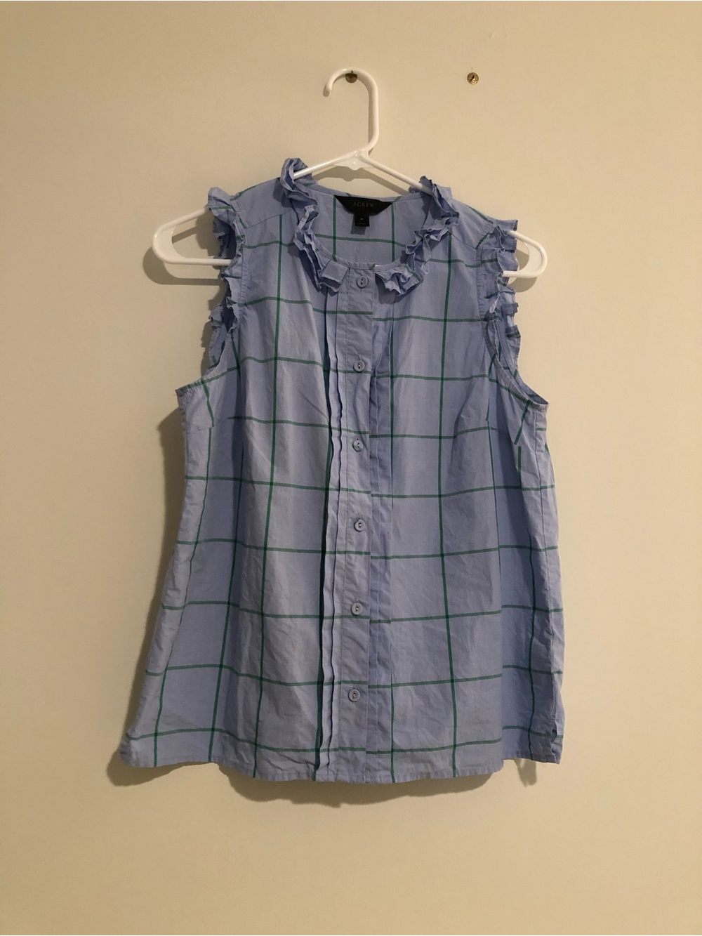 J. Crew Light Blue Sleeveless Ruffle Collar Grid Blouse